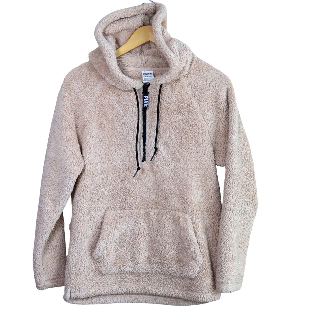 PINK‎ Victoria's Secret Sherpa Teddy Fleece Hoodie XS Beige Quarter Zip Pullover - Picture 4 of 12